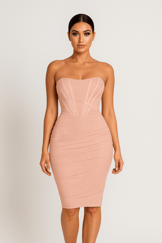 Seraphina Sheer Mesh Lace Strapless Dress by Luxe Lane | from Luxe Lane | SKU:  | Barcode:  | Options: Pink S | Seraphina Sheer Mesh Lace Strapless Dress