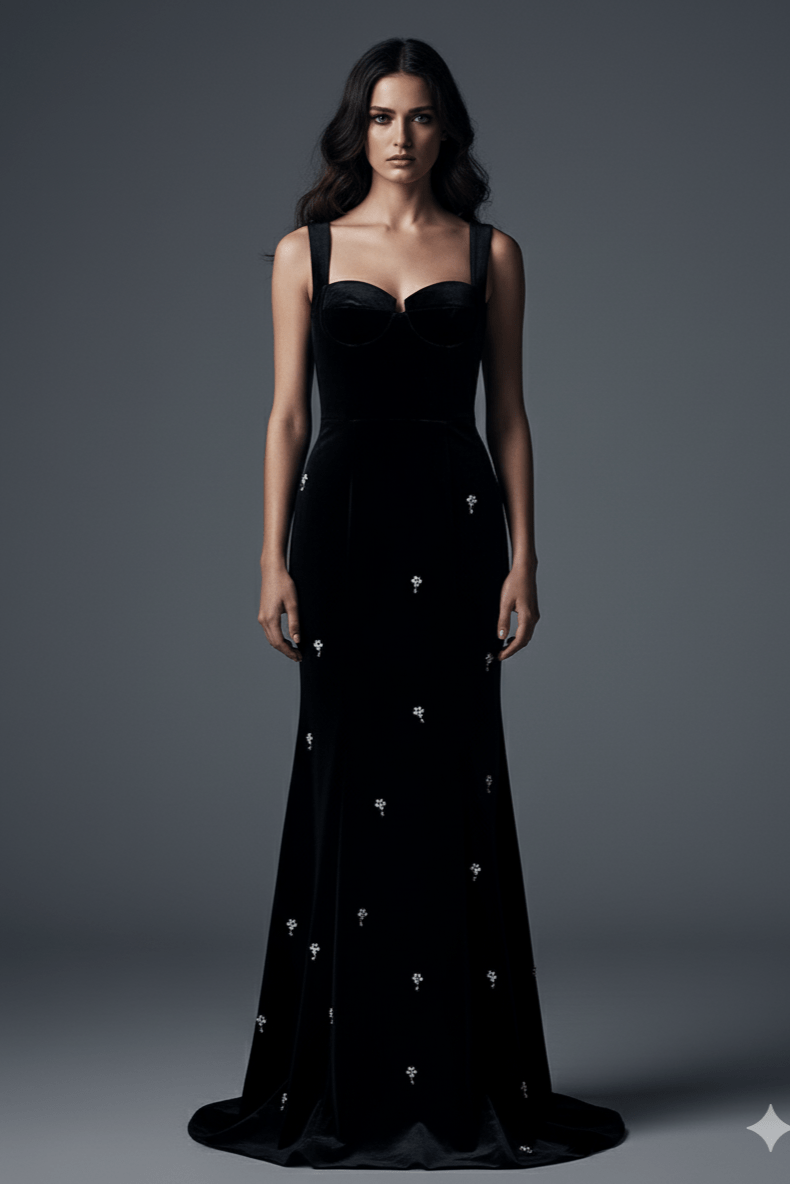 Seraphina Velvet Beaded Mermaid Gown by Luxe Lane | from Luxe Lane | SKU:  | Barcode:  | Options: Black S | Seraphina Velvet Beaded Mermaid Gown