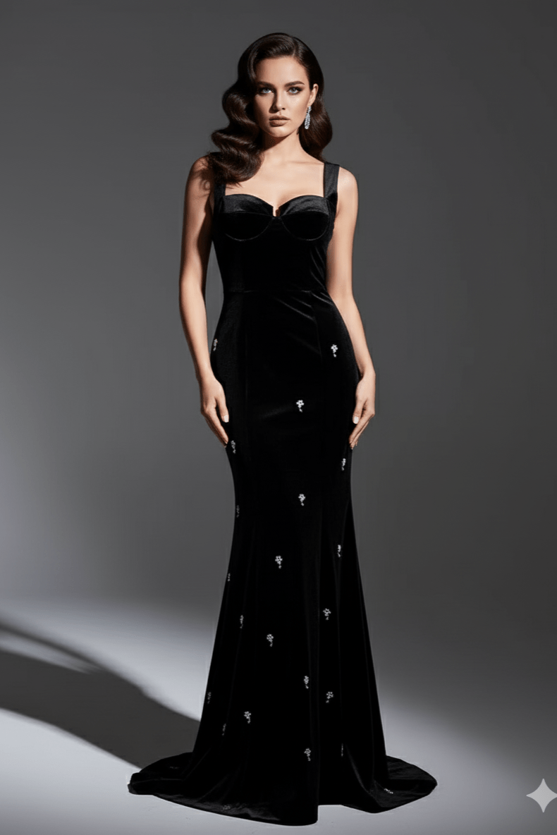 Seraphina Velvet Beaded Mermaid Gown by Luxe Lane | from Luxe Lane | SKU:  | Barcode:  | Options: Black S | Seraphina Velvet Beaded Mermaid Gown