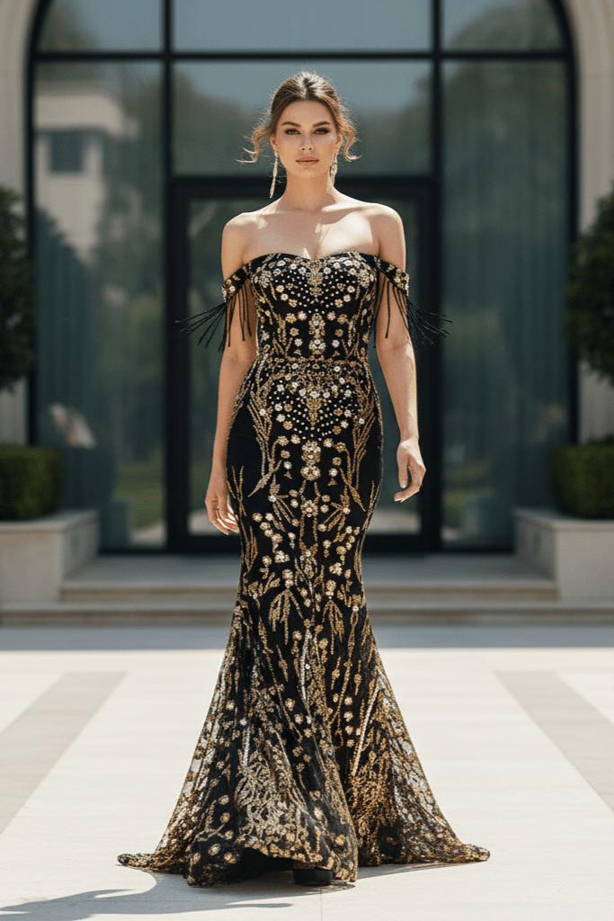 Seraphine Black & Gold Mermaid Gown by Luxe Lane | mermaid gown from Luxe Lane | SKU: -1 | Barcode:  | Options: Black S | Woman in an elegant black and gold dress standing on a pathway with greenery and a building in the background.