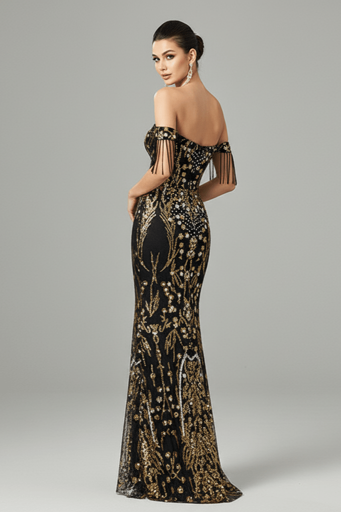 Seraphine Black & Gold Mermaid Gown by Luxe Lane | mermaid gown from Luxe Lane | SKU: -1 | Barcode:  | Options: Black S | Woman wearing a black and gold evening gown on a gray background