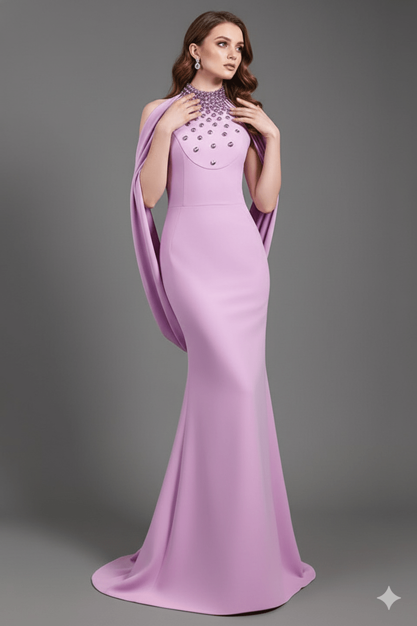 Seraphine Crystal Halter Cape Gown by Shine | mermaid gown from Luxe Lane | SKU: W11278-1 | Barcode:  | Options: Purple S(6) | Seraphine Crystal Halter Cape Gown
