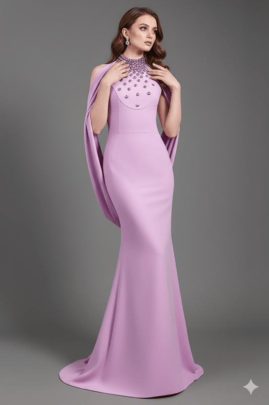 Seraphine Crystal Halter Cape Gown by Shine | mermaid gown from Luxe Lane | SKU: W11278-1 | Barcode:  | Options: Purple S(6) | Seraphine Crystal Halter Cape Gown