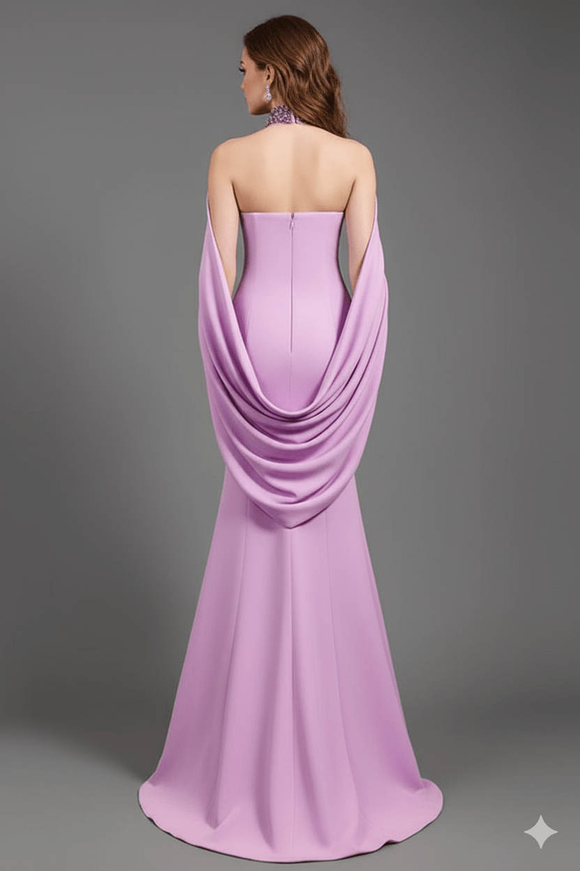 Seraphine Crystal Halter Cape Gown by Shine | mermaid gown from Luxe Lane | SKU: W11278-1 | Barcode:  | Options: Purple S(6) | Seraphine Crystal Halter Cape Gown