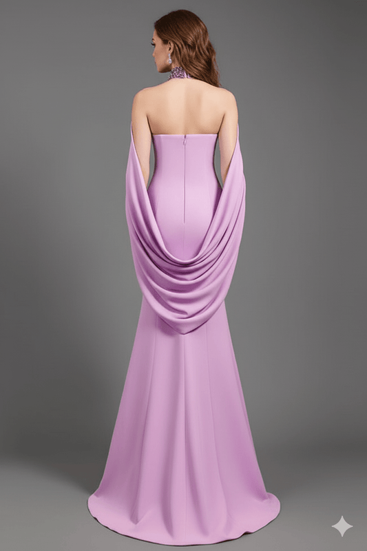 Seraphine Crystal Halter Cape Gown by Shine | mermaid gown from Luxe Lane | SKU: W11278-1 | Barcode:  | Options: Purple S(6) | Seraphine Crystal Halter Cape Gown