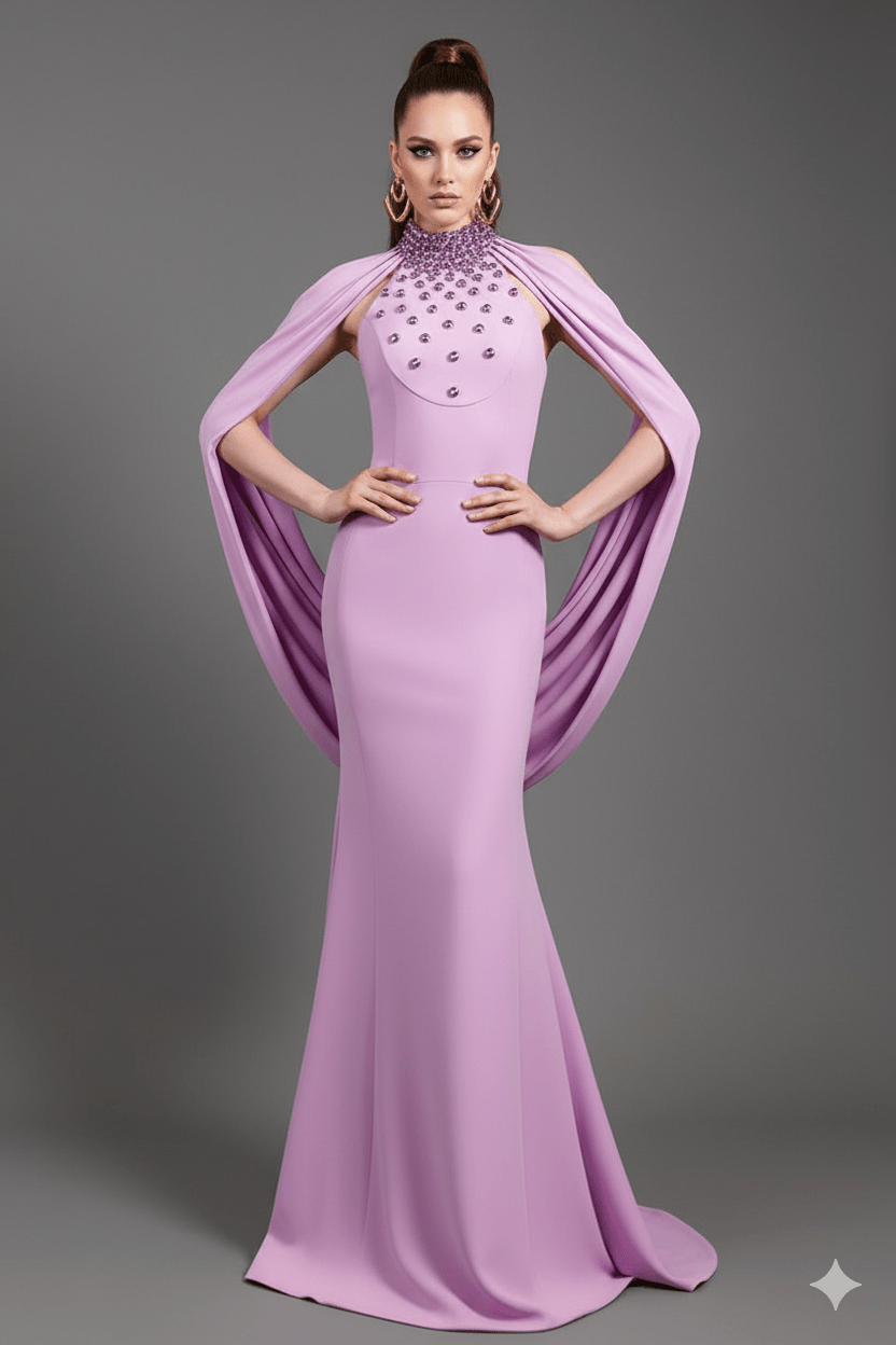 Seraphine Crystal Halter Cape Gown by Shine | mermaid gown from Luxe Lane | SKU: W11278-1 | Barcode:  | Options: Purple S(6) | Seraphine Crystal Halter Cape Gown