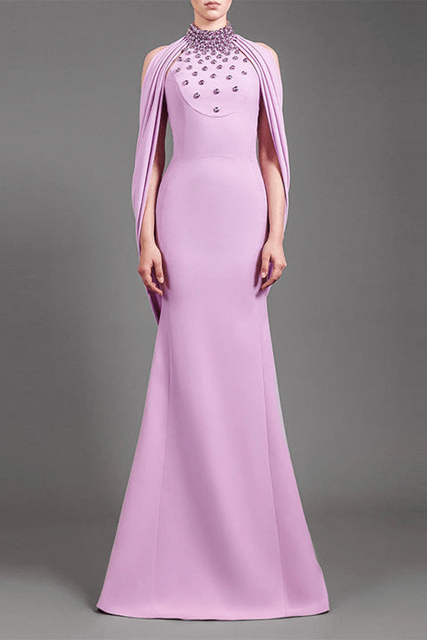 Seraphine Crystal Halter Cape Gown by Shine | mermaid gown from Luxe Lane | SKU: W11278-1 | Barcode:  | Options: Purple S(6) | High Quality Crystal Halter Cape Sleeve Mermaid Maxi Evening Dresses Backless Beaded Purple Long Gown Formal Dress for Women