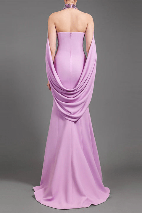 Seraphine Crystal Halter Cape Gown by Shine | mermaid gown from Luxe Lane | SKU: W11278-1 | Barcode:  | Options: Purple S(6) | High Quality Crystal Halter Cape Sleeve Mermaid Maxi Evening Dresses Backless Beaded Purple Long Gown Formal Dress for Women
