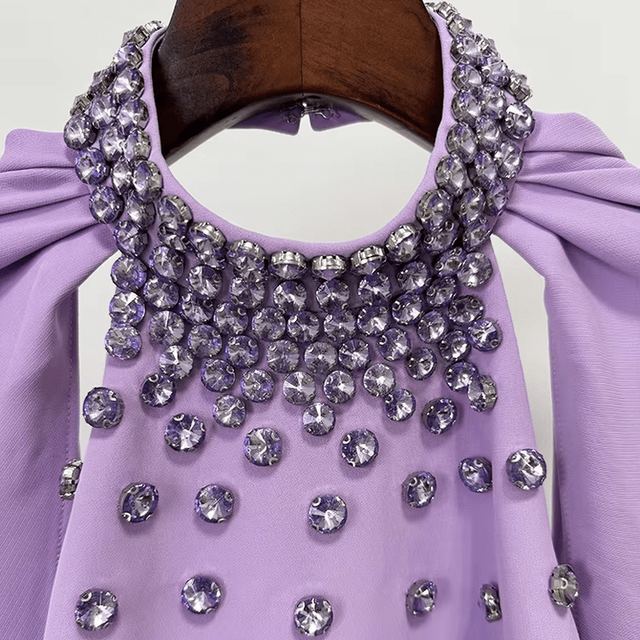 Seraphine Crystal Halter Cape Gown by Shine | mermaid gown from Luxe Lane | SKU: W11278-1 | Barcode:  | Options: Purple S(6) | High Quality Crystal Halter Cape Sleeve Mermaid Maxi Evening Dresses Backless Beaded Purple Long Gown Formal Dress for Women