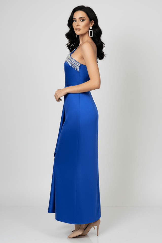 Seraphine One - Shoulder Rhinestone Maxi Gown by Shine | heath gown from Luxe Lane | SKU: -1 | Barcode:  | Options: Blue S | Woman wearing a blue evening gown with a white background