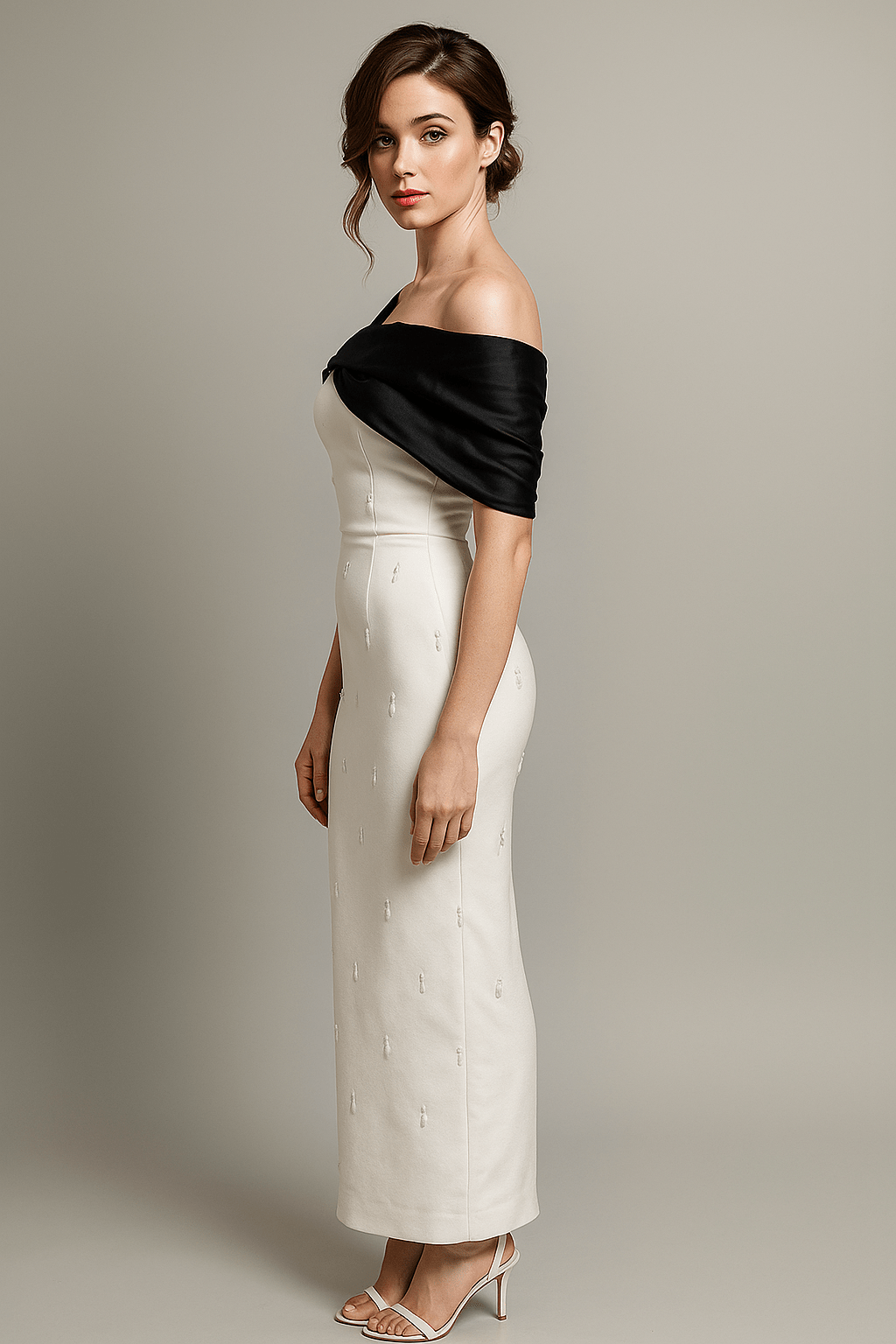 Seraphine White Beaded Off - Shoulder Gown with Black Bow by Luxe Lane | Dresses from Luxe Lane | SKU:  | Barcode:  | Options: White S | Seraphine White Beaded Off - Shoulder Gown with Black Bow