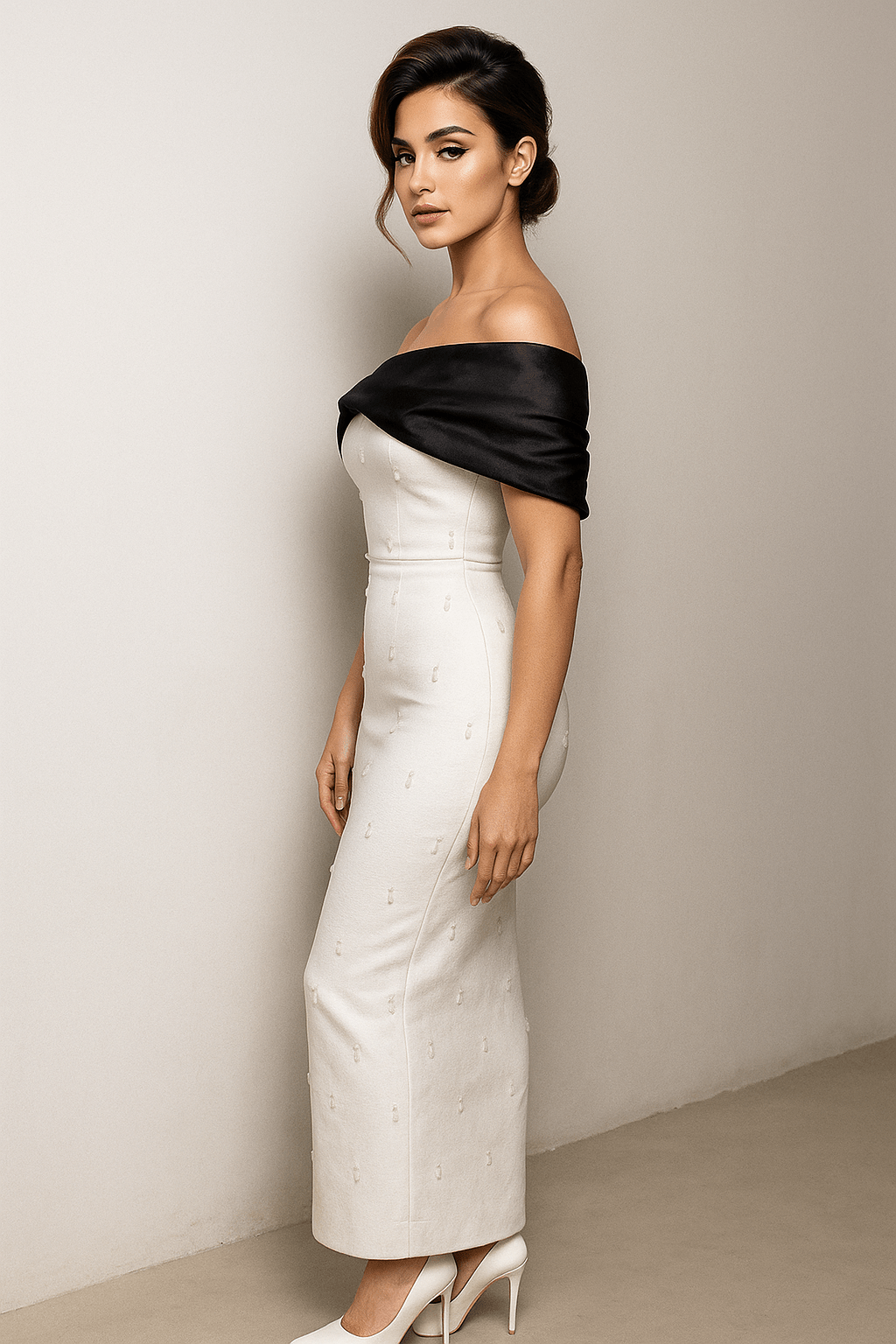Seraphine White Beaded Off - Shoulder Gown with Black Bow by Luxe Lane | Dresses from Luxe Lane | SKU:  | Barcode:  | Options: White S | Seraphine White Beaded Off - Shoulder Gown with Black Bow