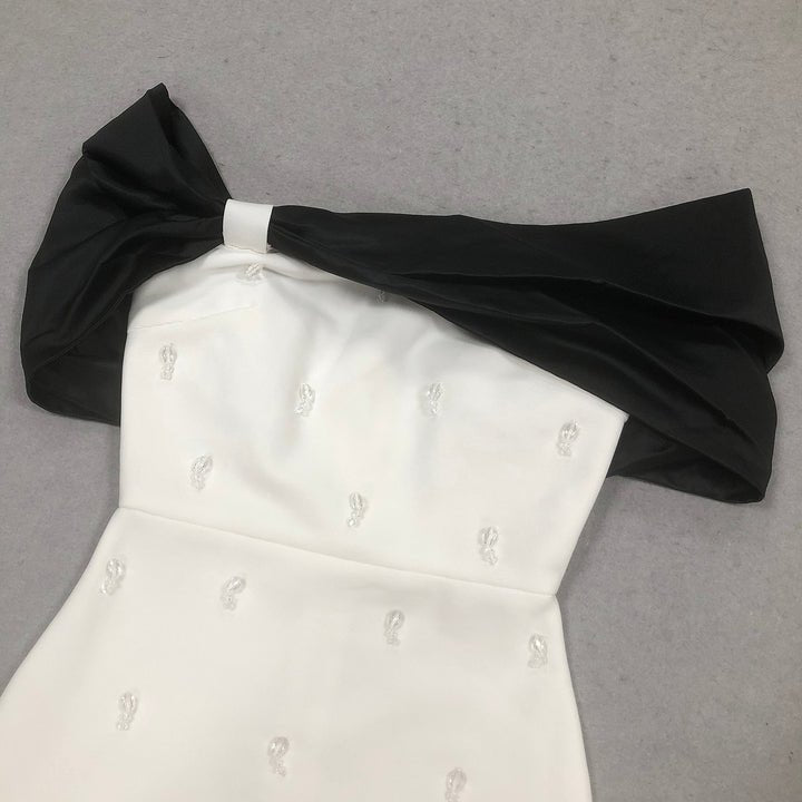 Seraphine White Beaded Off - Shoulder Gown with Black Bow by Luxe Lane | Dresses from Luxe Lane | SKU:  | Barcode:  | Options: White S | Custom Women Dress Factory Luxury Formal Events Maxi Gown Elegant White Off Shoulder Beaded Evening Dresses With Black Bow