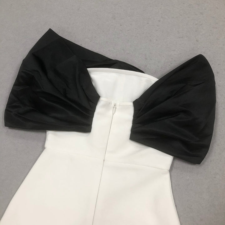 Seraphine White Beaded Off - Shoulder Gown with Black Bow by Luxe Lane | Dresses from Luxe Lane | SKU:  | Barcode:  | Options: White S | Custom Women Dress Factory Luxury Formal Events Maxi Gown Elegant White Off Shoulder Beaded Evening Dresses With Black Bow