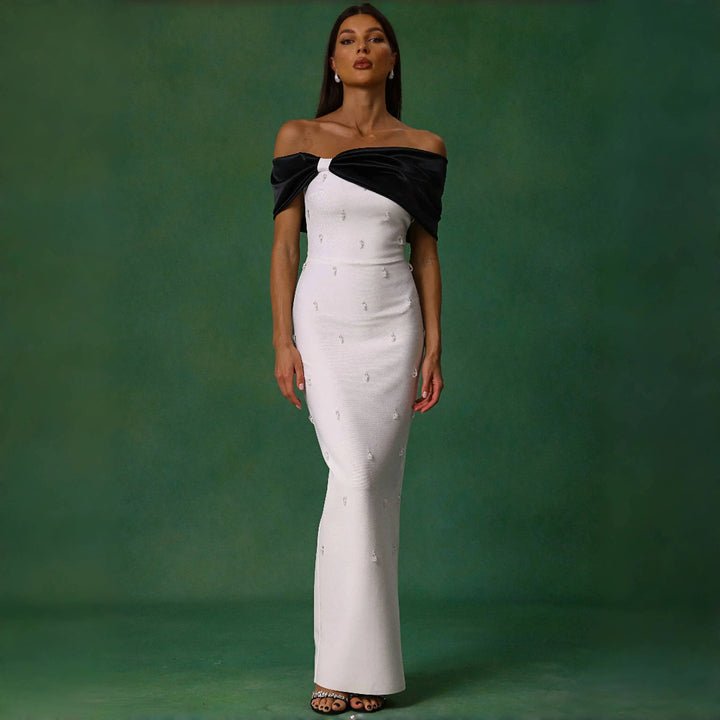 Seraphine White Beaded Off - Shoulder Gown with Black Bow by Luxe Lane | Dresses from Luxe Lane | SKU:  | Barcode:  | Options: White S | Custom Women Dress Factory Luxury Formal Events Maxi Gown Elegant White Off Shoulder Beaded Evening Dresses With Black Bow