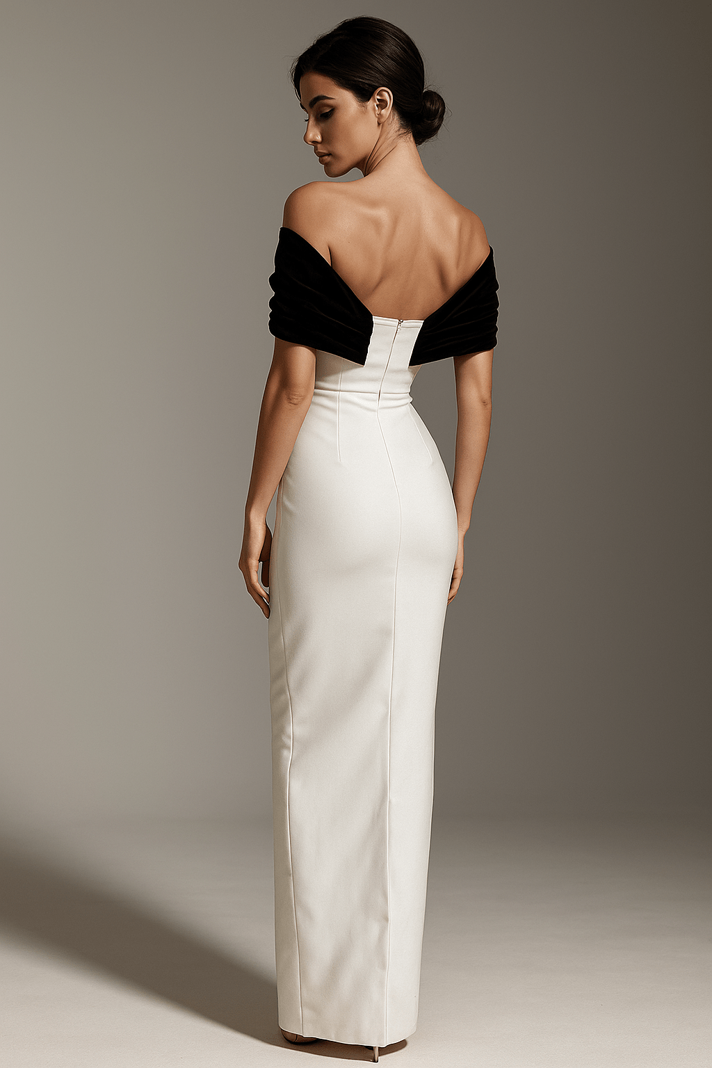 Seraphine White Beaded Off - Shoulder Gown with Black Bow by Luxe Lane | Dresses from Luxe Lane | SKU:  | Barcode:  | Options: White S | Seraphine White Beaded Off - Shoulder Gown with Black Bow