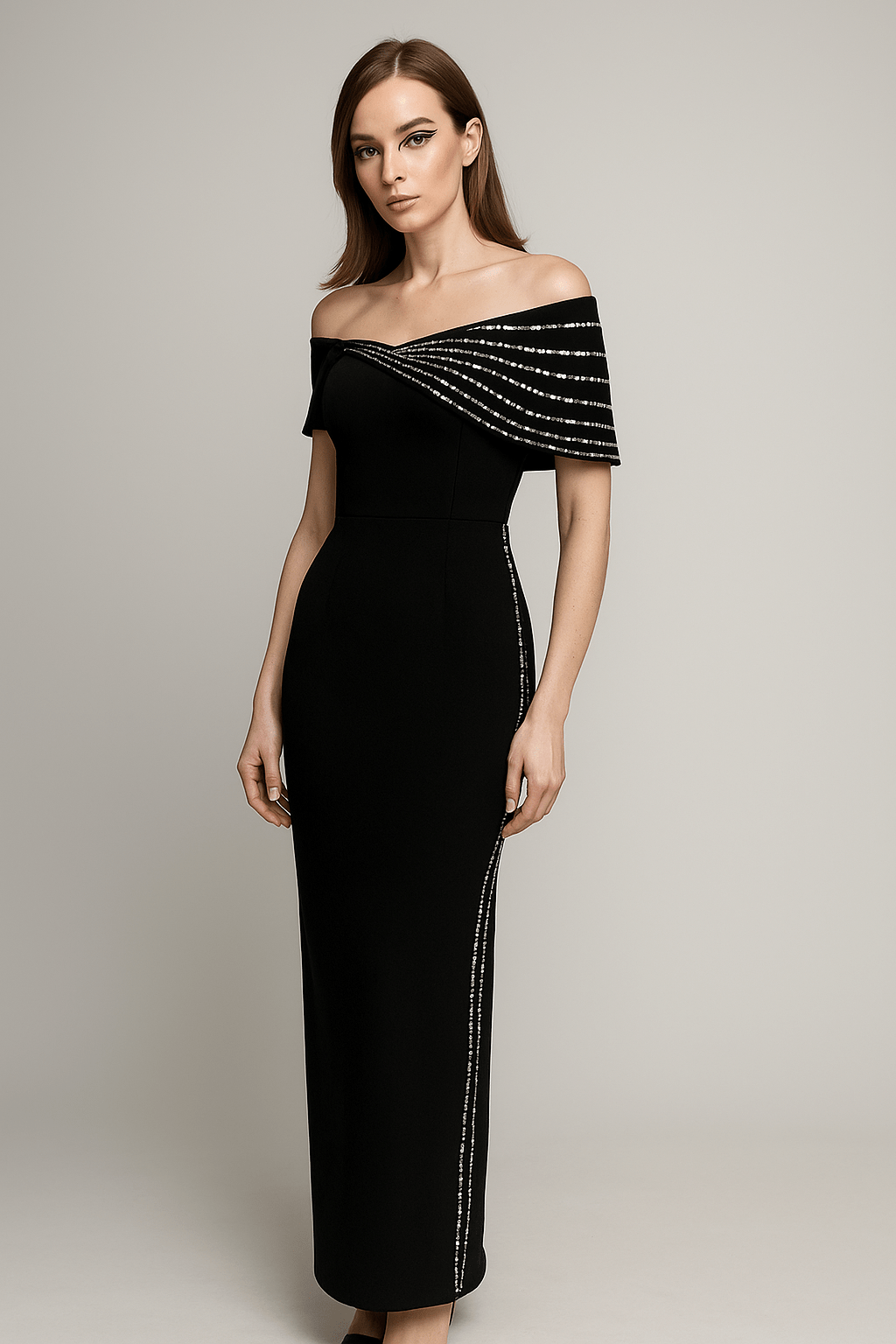 Serena Noir Off - Shoulder Rhinestone Maxi Gown by Luxe Lane | Evening Dresses from Luxe Lane | SKU:  | Barcode:  | Options: Black S | Serena Noir Off - Shoulder Rhinestone Maxi Gown