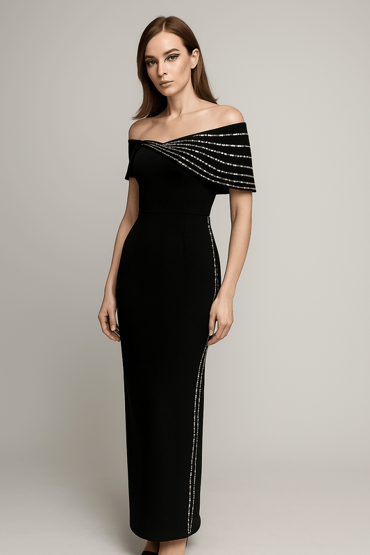 Serena Noir Off - Shoulder Rhinestone Maxi Gown by Luxe Lane | Evening Dresses from Luxe Lane | SKU:  | Barcode:  | Options: Black S | Serena Noir Off - Shoulder Rhinestone Maxi Gown