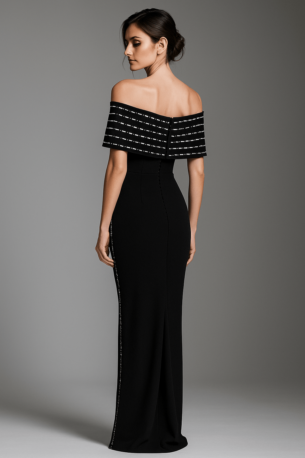 Serena Noir Off - Shoulder Rhinestone Maxi Gown by Luxe Lane | Evening Dresses from Luxe Lane | SKU:  | Barcode:  | Options: Black S | Serena Noir Off - Shoulder Rhinestone Maxi Gown