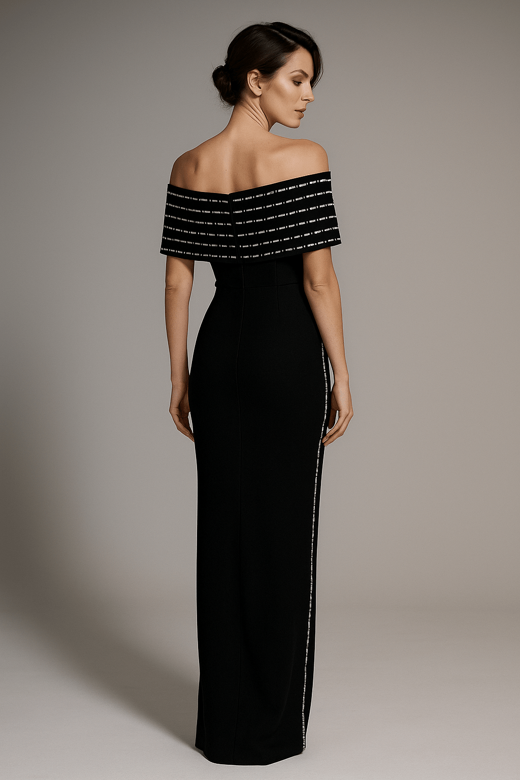 Serena Noir Off - Shoulder Rhinestone Maxi Gown by Luxe Lane | Evening Dresses from Luxe Lane | SKU:  | Barcode:  | Options: Black S | Serena Noir Off - Shoulder Rhinestone Maxi Gown
