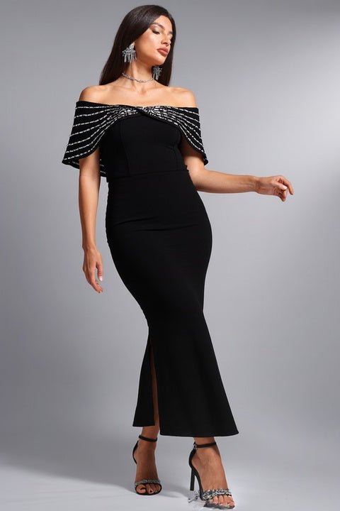 Serena Noir Off - Shoulder Rhinestone Maxi Gown by Luxe Lane | Evening Dresses from Luxe Lane | SKU:  | Barcode:  | Options: Black S | Dropshipping Elegant Women Black Off Shoulder Maxi Dress Luxury Rhinestone Neck Long Bodycon Evening Gown Dinner Dresses