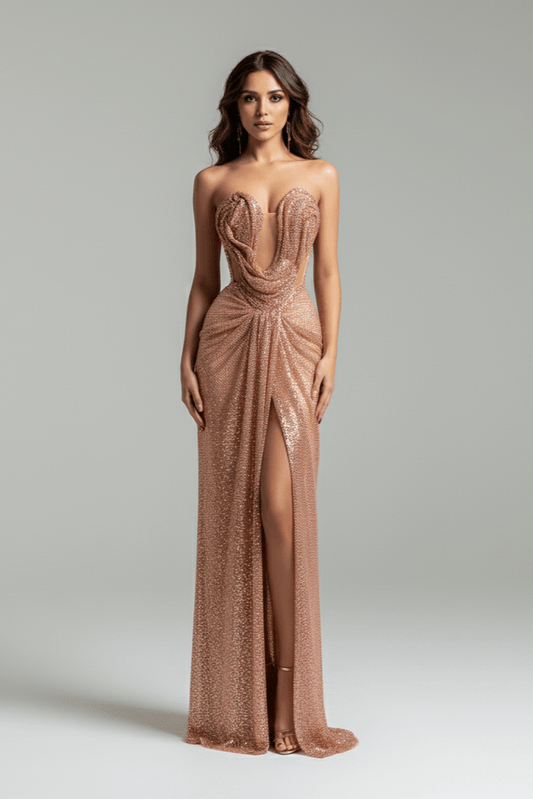 Serena Sequin Slit Gown by Shine | Party Dresses from Luxe Lane | SKU: W11485-1 | Barcode:  | Options: Rose Gold S(6) | Serena Sequin Slit Gown