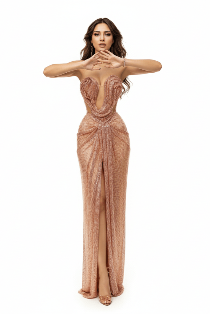 Serena Sequin Slit Gown by Shine | Party Dresses from Luxe Lane | SKU: W11485-1 | Barcode:  | Options: Rose Gold S(6) | Serena Sequin Slit Gown
