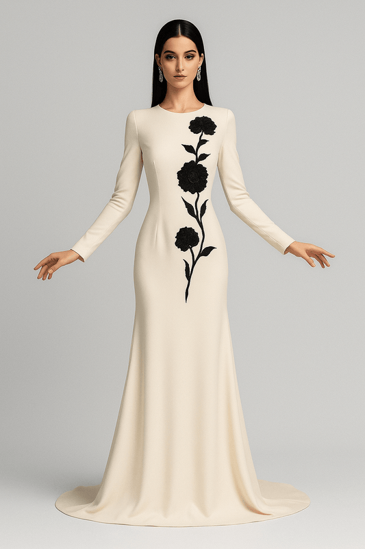 Serenaya White Floral Embroidered Gown by Shine | Party dresses from Luxe Lane | SKU: W11258-1 | Barcode:  | Options: White S | Serenaya White Floral Embroidered Gown