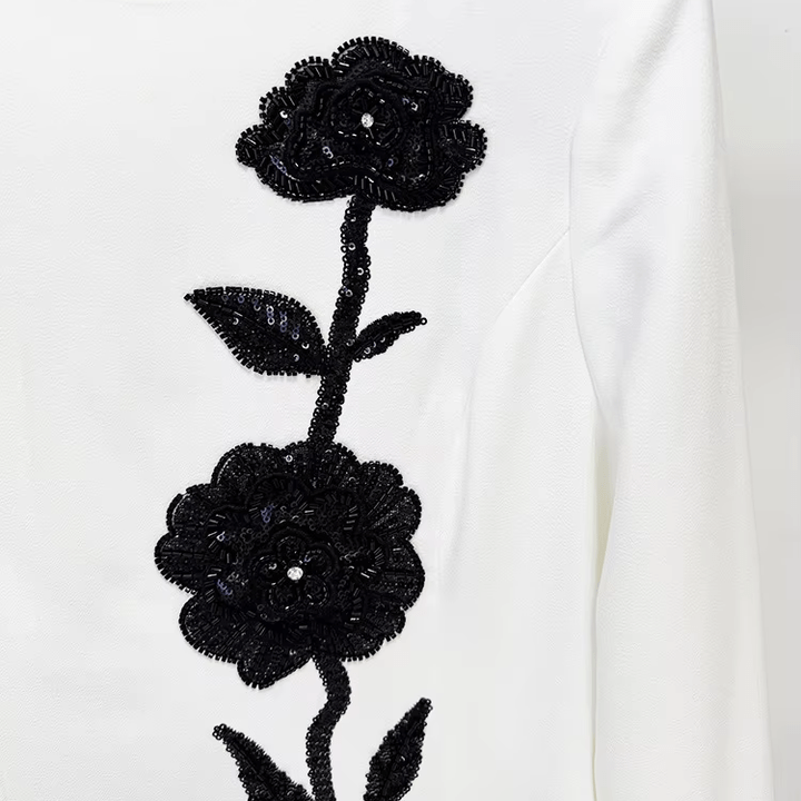 Serenaya White Floral Embroidered Gown by Shine | Party dresses from Luxe Lane | SKU: W11258-1 | Barcode:  | Options: White S | Womens Formal Wear Manufacturer White Long Sleeve Maxi Party Dress Black Sequin Beaded Floral Embroidery Elegant Evening Gown