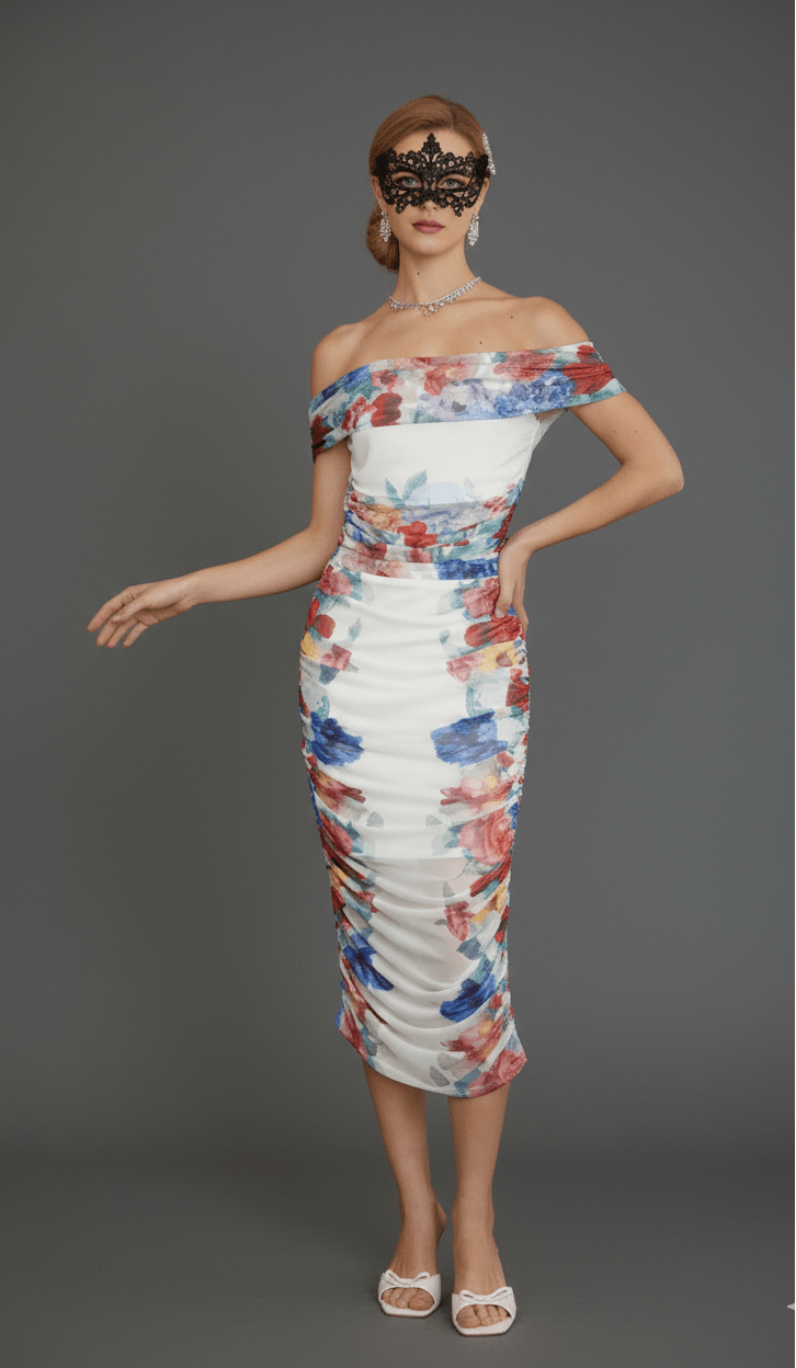 Sheer Floral Mesh Off - Shoulder Ruched Midi Skirt Setone setWhiteS(6)whiteLuxe Lane