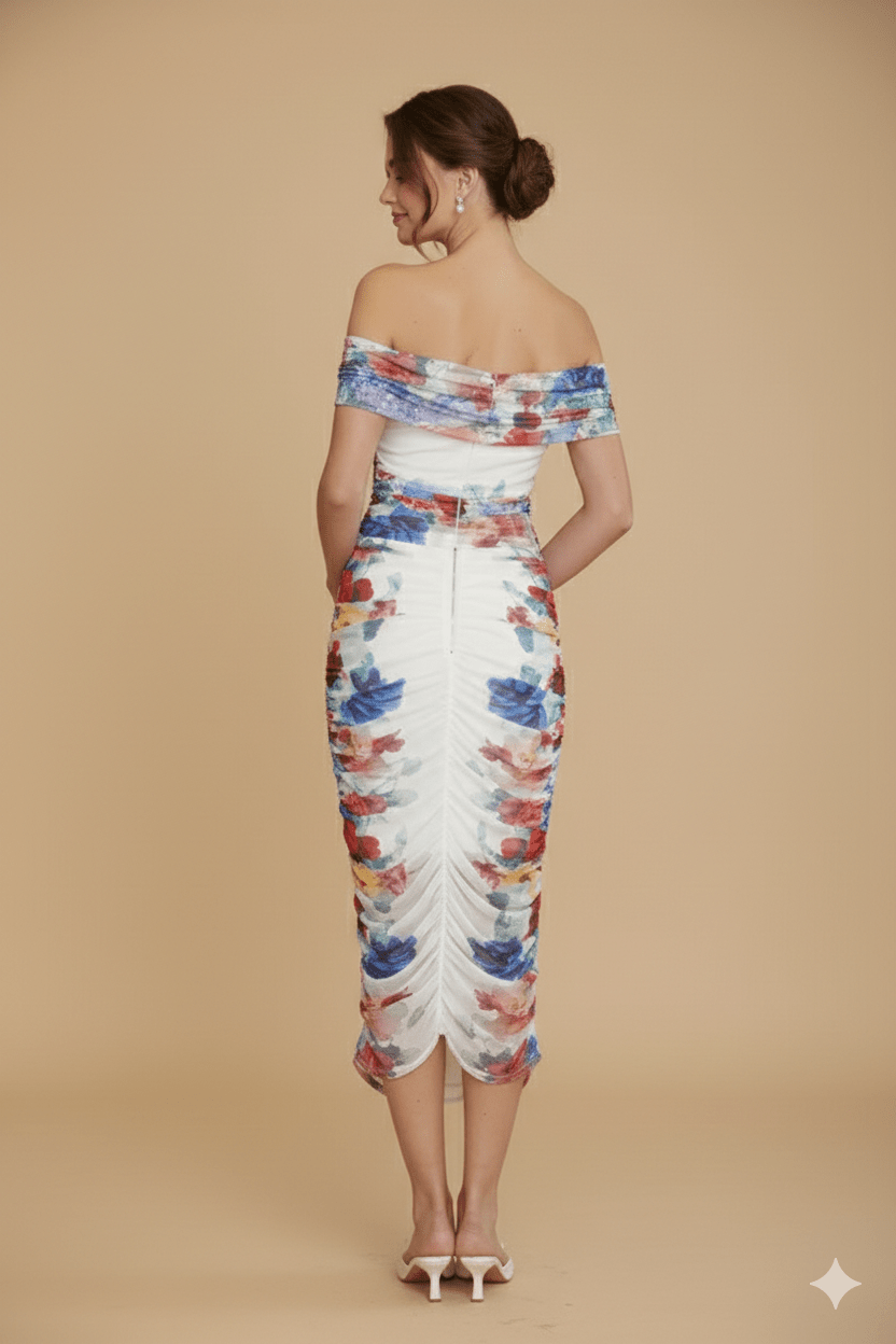 Sheer Floral Mesh Off - Shoulder Ruched Midi Skirt Setone setWhiteS(6)whiteLuxe Lane