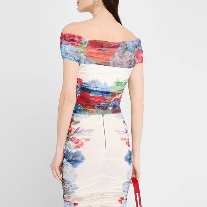 Sheer Floral Mesh Off - Shoulder Ruched Midi Skirt Setone setWhiteS(6)whiteLuxe Lane