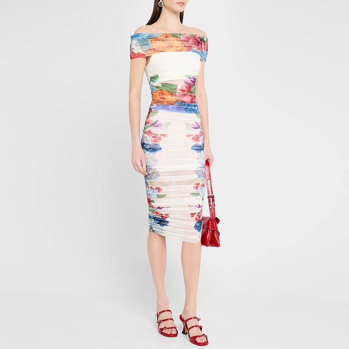 Sheer Floral Mesh Off - Shoulder Ruched Midi Skirt Setone setWhiteS(6)whiteLuxe Lane