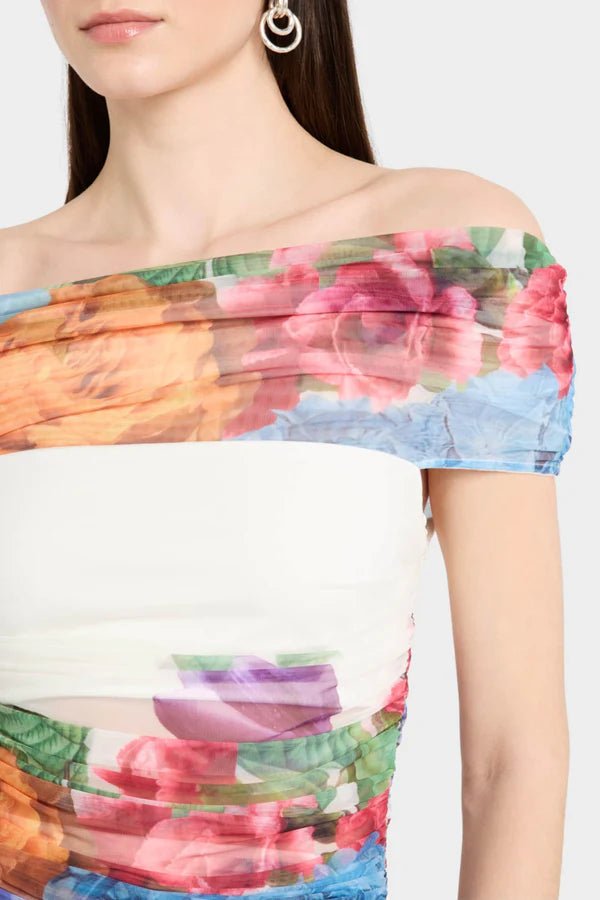 Sheer Floral Mesh Off - Shoulder Ruched Midi Skirt Setone setWhiteS(6)whiteLuxe Lane