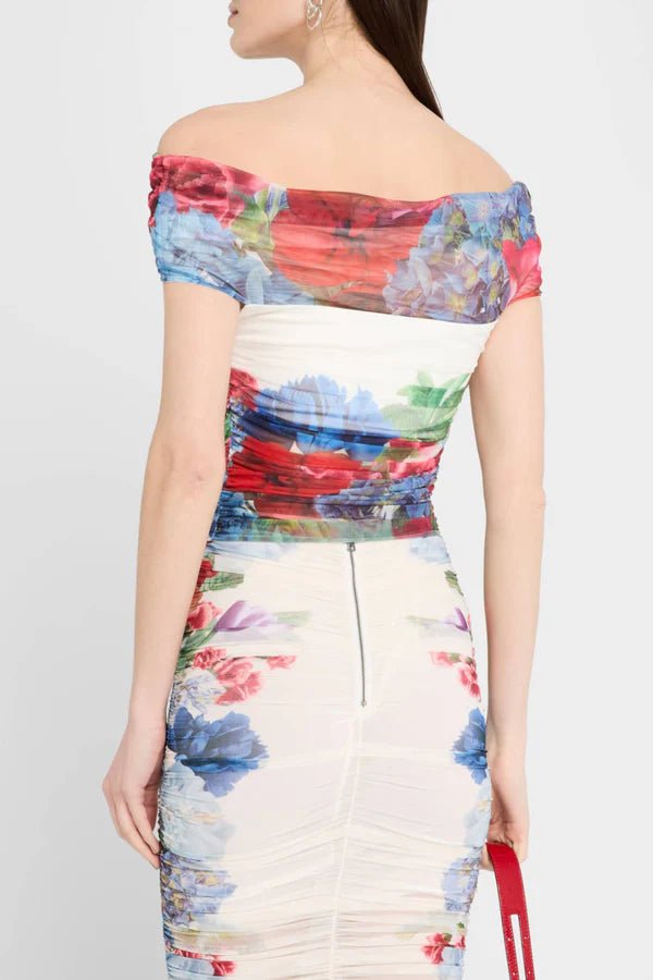 Sheer Floral Mesh Off - Shoulder Ruched Midi Skirt Setone setWhiteS(6)whiteLuxe Lane