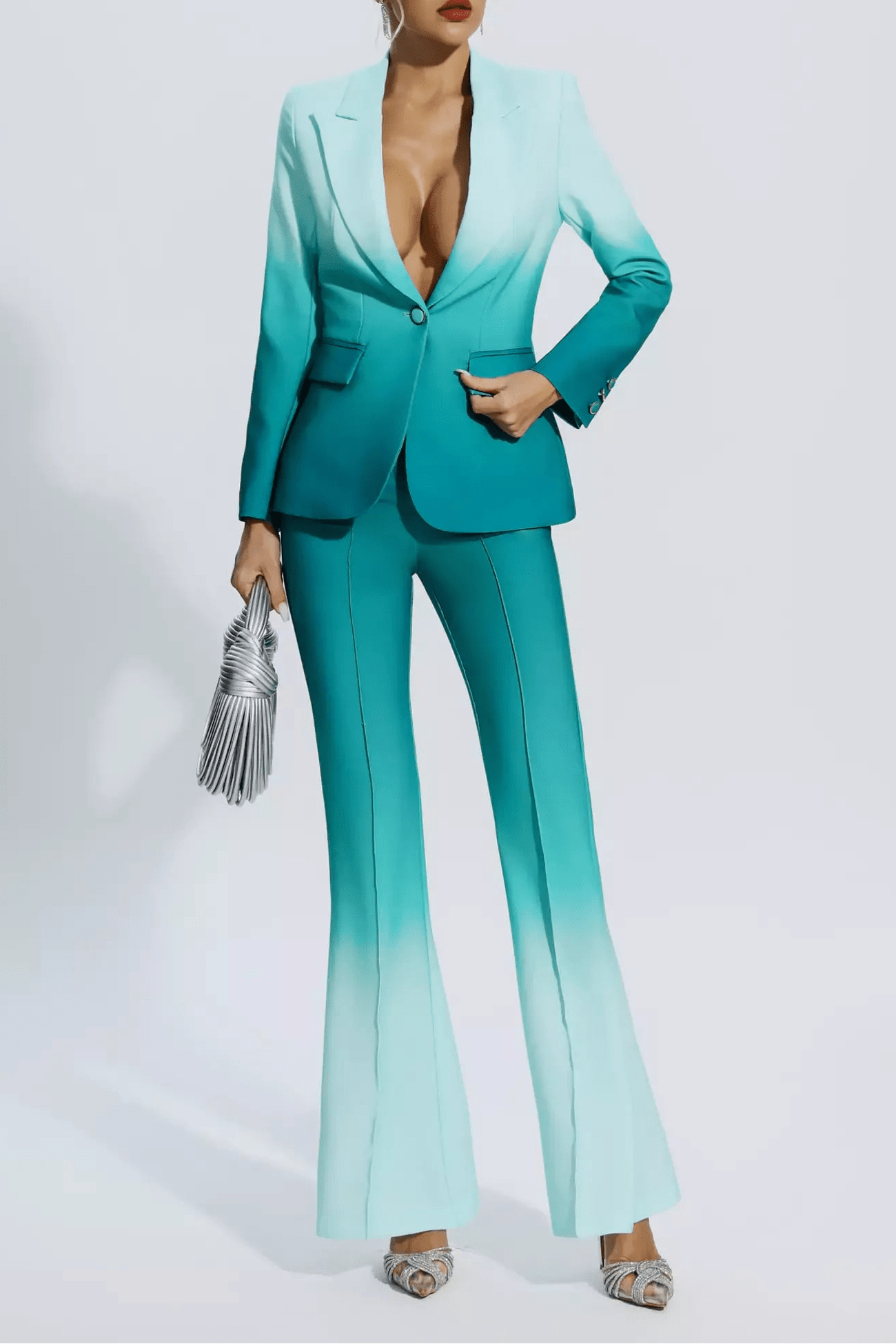Single - Breasted Blazer & Wide - Leg Pants Formal Suit Set by Shine | Pants Suits from Luxe Lane | SKU: -1 | Barcode:  | Options: Gradient green M(4) | Woman wearing a gradient turquoise suit with a plain background