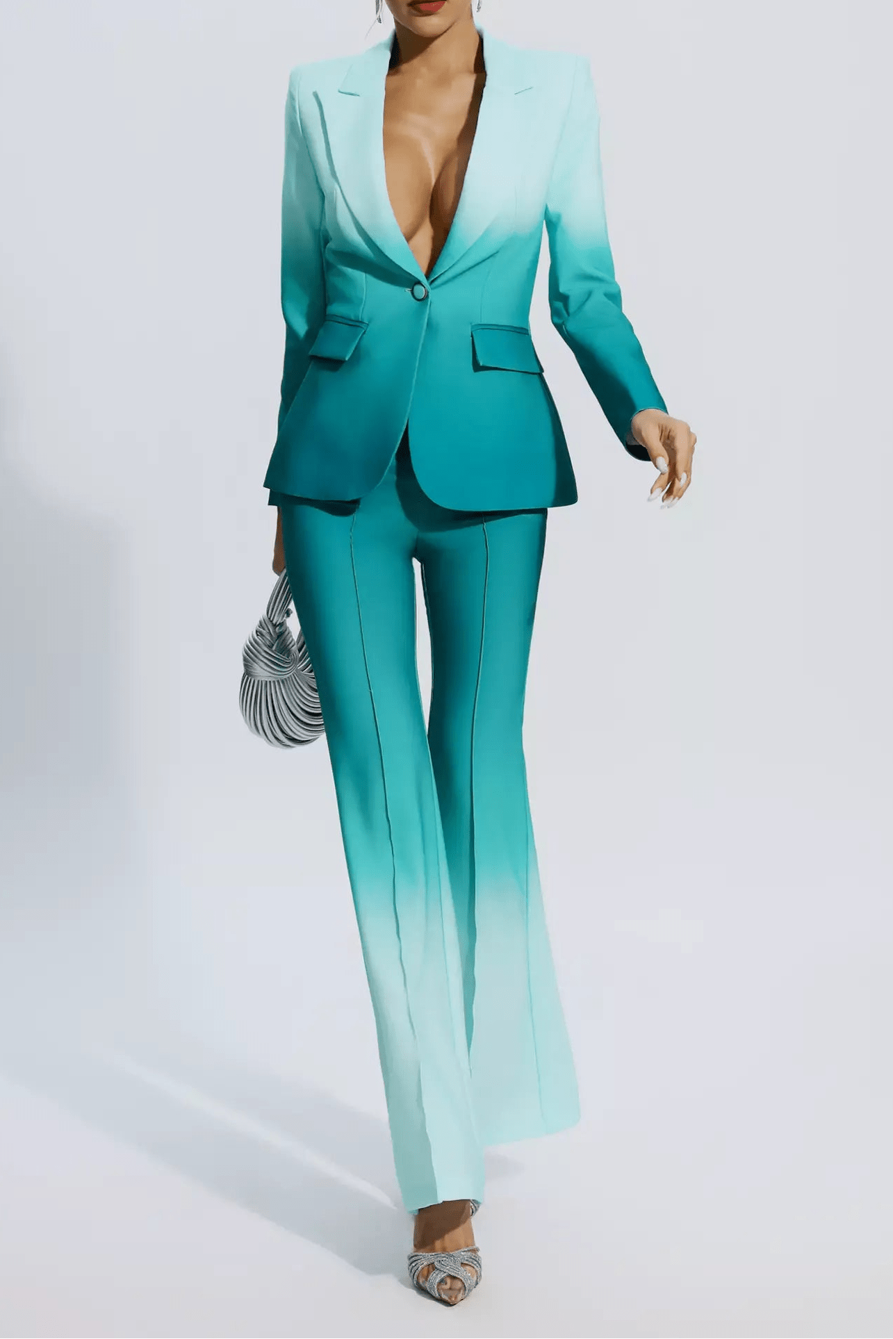 Single - Breasted Blazer & Wide - Leg Pants Formal Suit Set by Shine | Pants Suits from Luxe Lane | SKU: -1 | Barcode:  | Options: Gradient green M(4) | Woman wearing a gradient turquoise suit on a white background