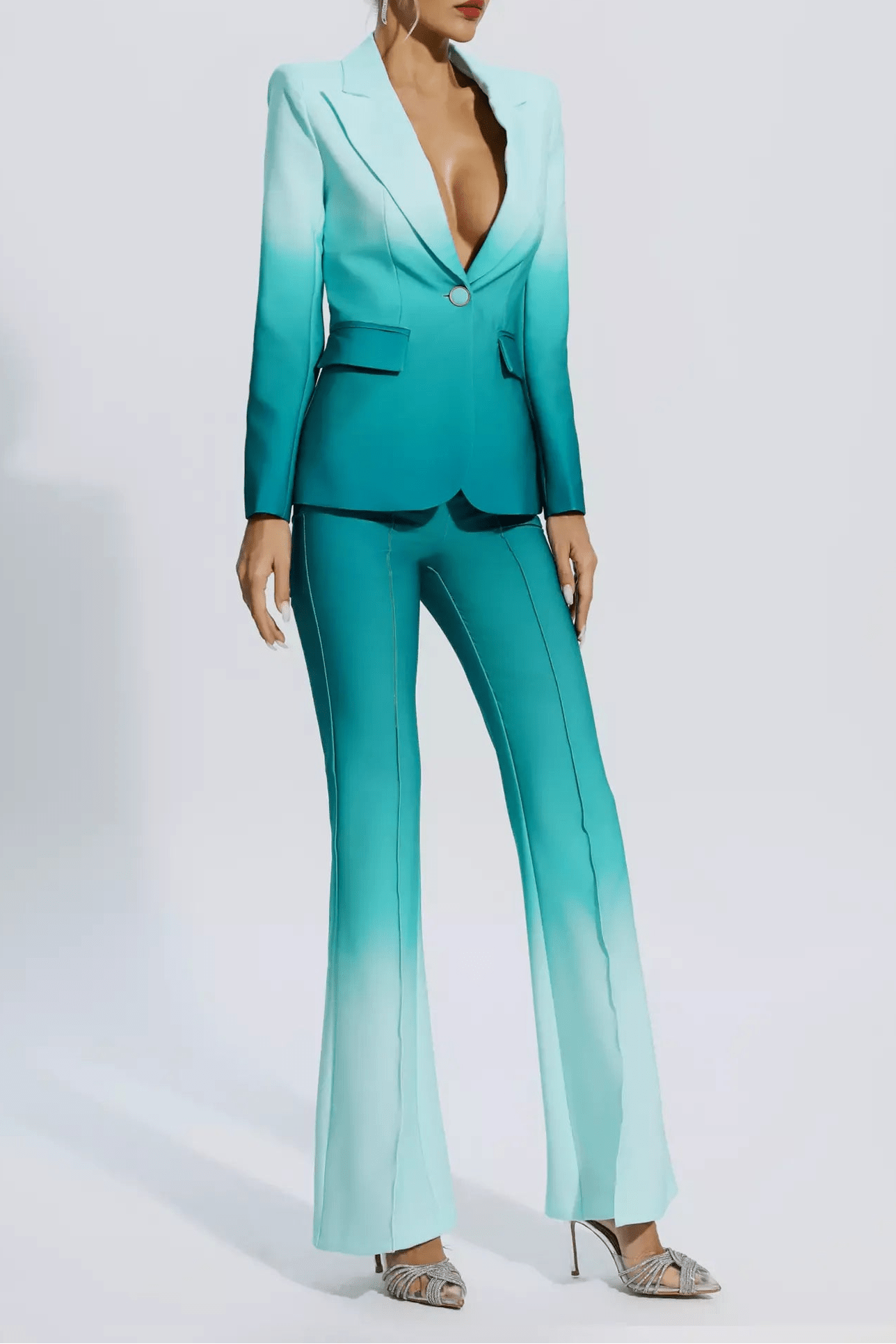 Single - Breasted Blazer & Wide - Leg Pants Formal Suit Set by Shine | Pants Suits from Luxe Lane | SKU: -1 | Barcode:  | Options: Gradient green M(4) | Woman wearing a gradient blue suit on a white background