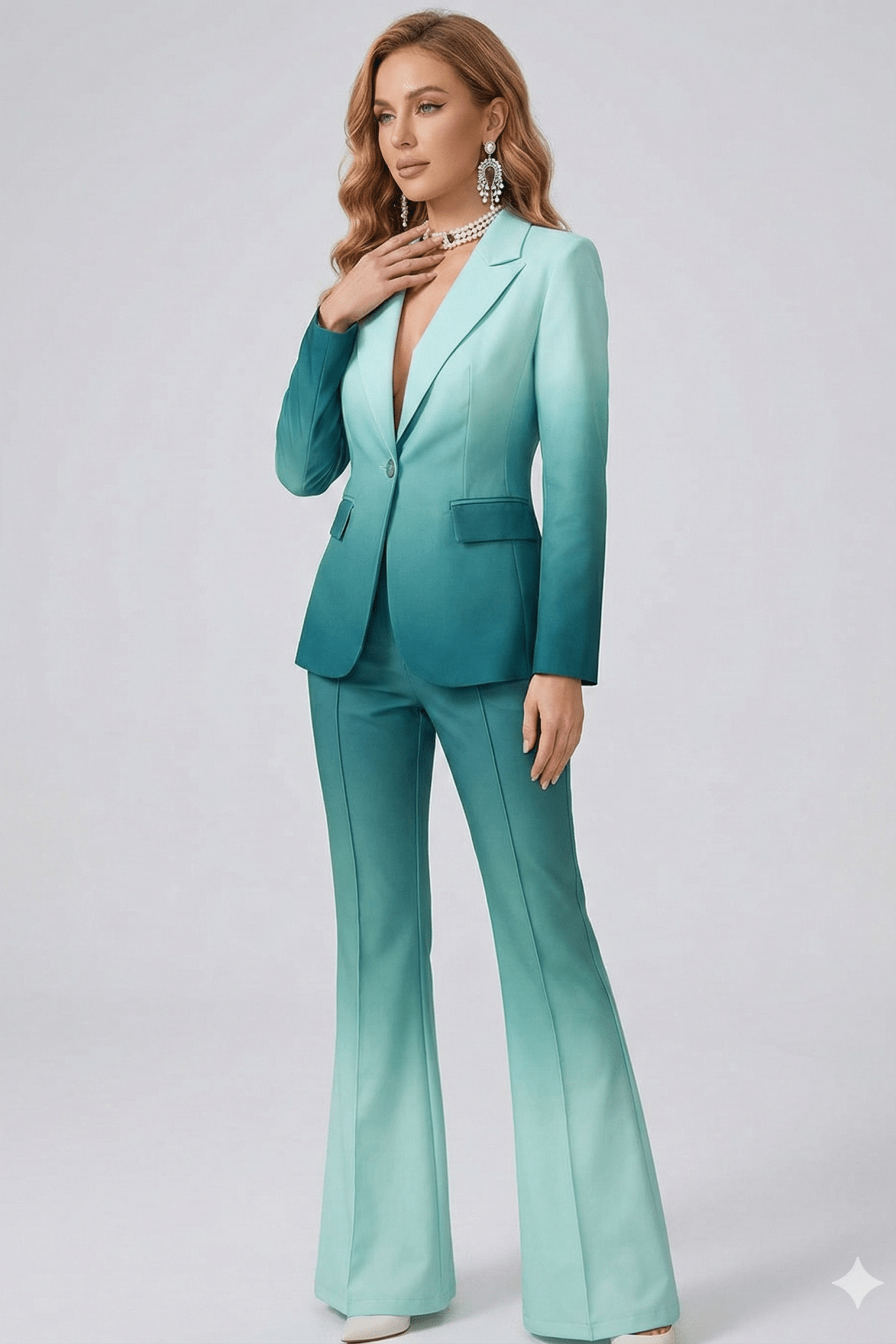 Single - Breasted Blazer & Wide - Leg Pants Formal Suit Set by Shine | Pants Suits from Luxe Lane | SKU: -1 | Barcode:  | Options: Gradient green M(4) | Woman wearing a teal suit on a white background