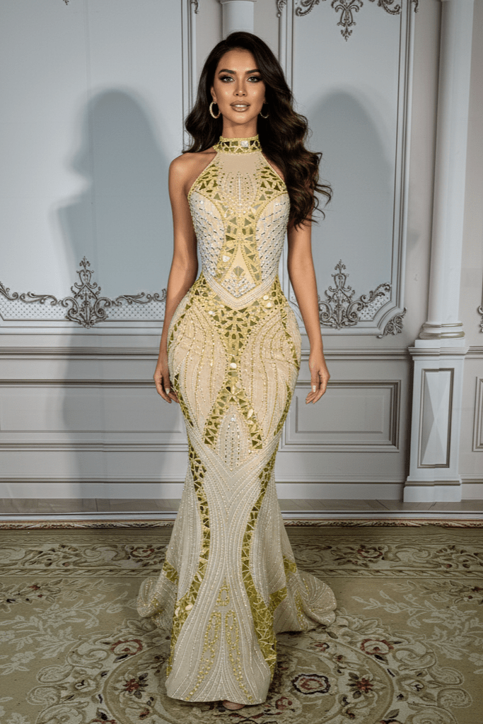 Solara Mirror Sequin Mermaid Gown by Shine | mermaid gown from Luxe Lane | SKU: W11529-1 | Barcode:  | Options: Golden S(6) | Solara Mirror Sequin Mermaid Gown
