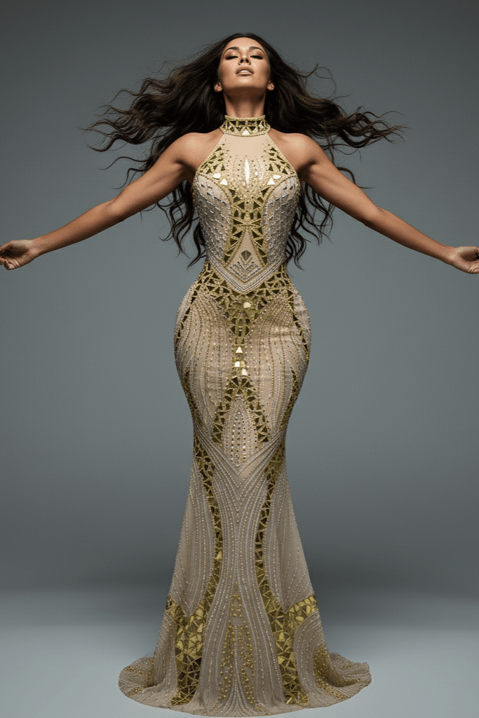 Solara Mirror Sequin Mermaid Gown by Shine | mermaid gown from Luxe Lane | SKU: W11529-1 | Barcode:  | Options: Golden S(6) | Solara Mirror Sequin Mermaid Gown