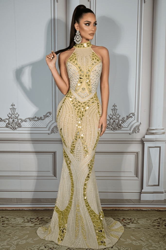 Solara Mirror Sequin Mermaid Gown by Shine | mermaid gown from Luxe Lane | SKU: W11529-1 | Barcode:  | Options: Golden S(6) | Solara Mirror Sequin Mermaid Gown