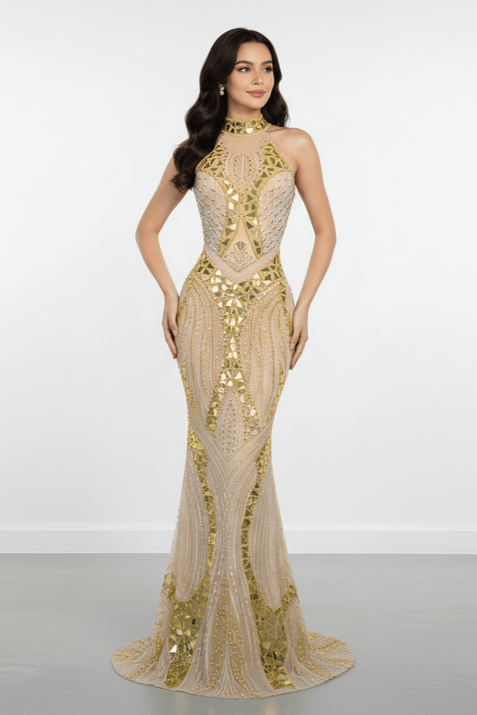 Solara Mirror Sequin Mermaid Gown by Shine | mermaid gown from Luxe Lane | SKU: W11529-1 | Barcode:  | Options: Golden S(6) | Solara Mirror Sequin Mermaid Gown