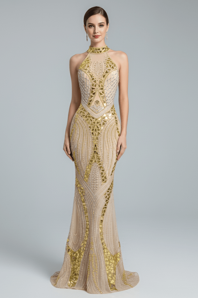 Solara Mirror Sequin Mermaid Gown by Shine | mermaid gown from Luxe Lane | SKU: W11529-1 | Barcode:  | Options: Golden S(6) | Solara Mirror Sequin Mermaid Gown