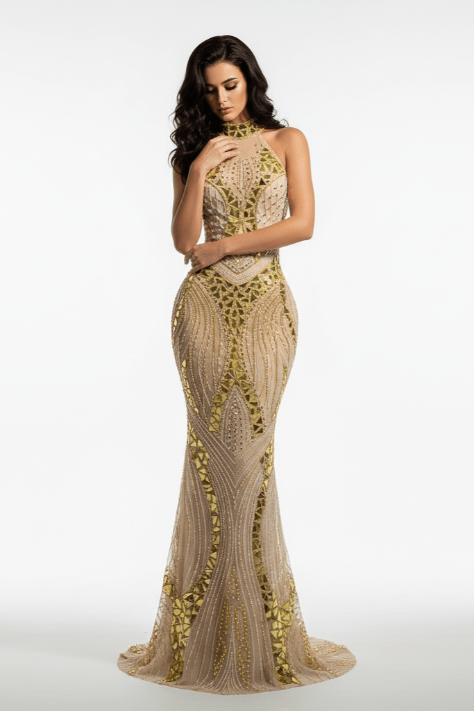 Solara Mirror Sequin Mermaid Gown by Shine | mermaid gown from Luxe Lane | SKU: W11529-1 | Barcode:  | Options: Golden S(6) | Woman wearing a gold and beige evening gown on a white background