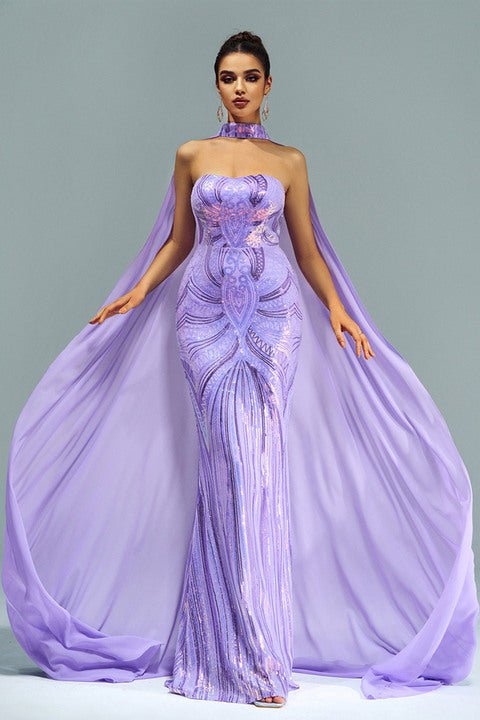 Sequin Mermaid Evening Gown with Cape Luxury Formal Dress | LuxeLane UK Purple / S Sequin Mermaid Evening Gown with Cape Luxury Formal Dress | LuxeLane UK Purple / S