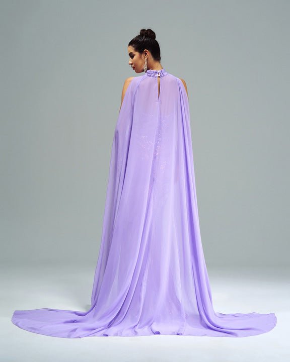 Solara Sequin Mermaid Cape Gown by Shine | mermaid gown from Luxe Lane | SKU: -1 | Barcode:  | Options: Purple S | Elegant Women Sequin Mermaid Gown Evening Dresses Luxury Emerald Green Formal Dress Party Wear Gown With Flowy Cape