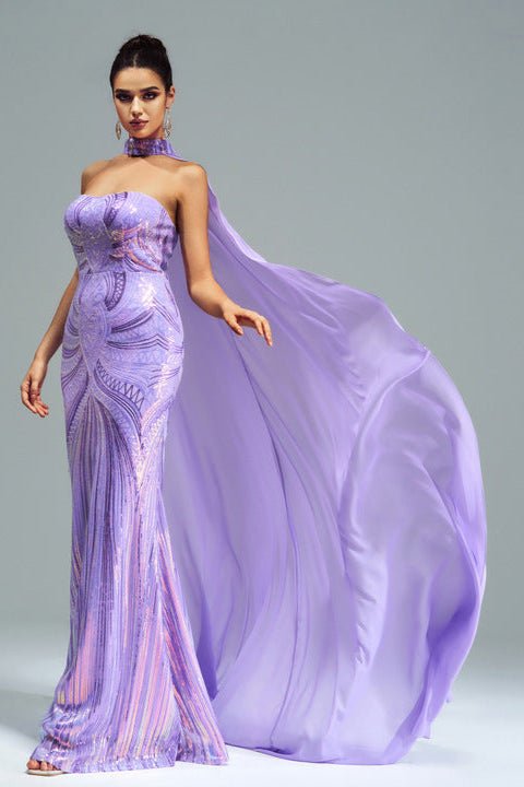 Solara Sequin Mermaid Cape Gown by Shine | mermaid gown from Luxe Lane | SKU: -1 | Barcode:  | Options: Purple S | Elegant Women Sequin Mermaid Gown Evening Dresses Luxury Emerald Green Formal Dress Party Wear Gown With Flowy Cape