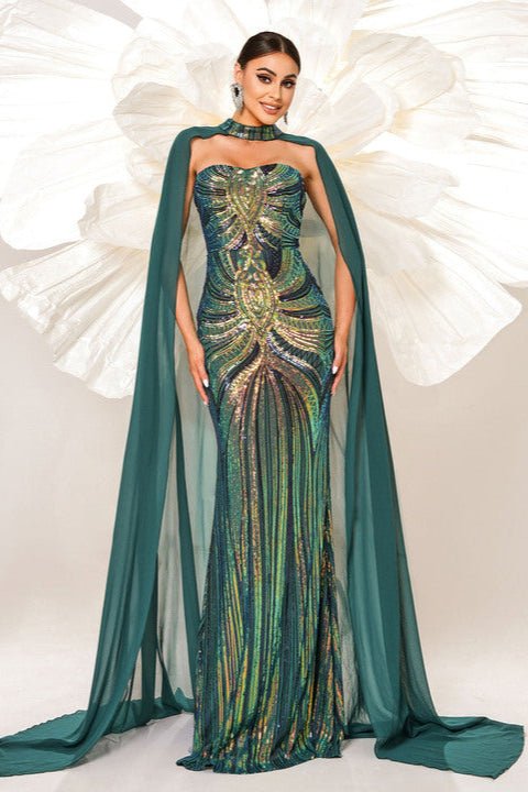 Solara Sequin Mermaid Cape Gown by Shine | mermaid gown from Luxe Lane | SKU: -5 | Barcode:  | Options: Green S | Elegant Women Sequin Mermaid Gown Evening Dresses Luxury Emerald Green Formal Dress Party Wear Gown With Flowy Cape