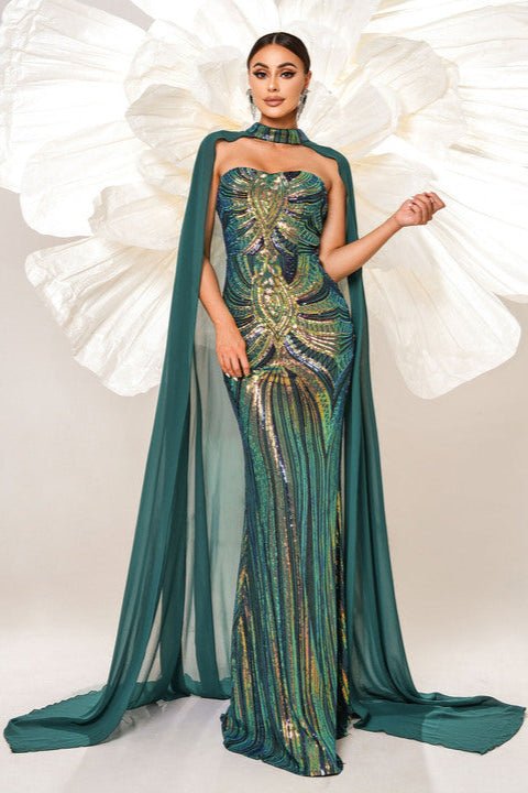 Solara Sequin Mermaid Cape Gown by Shine | mermaid gown from Luxe Lane | SKU: -5 | Barcode:  | Options: Green S | Elegant Women Sequin Mermaid Gown Evening Dresses Luxury Emerald Green Formal Dress Party Wear Gown With Flowy Cape